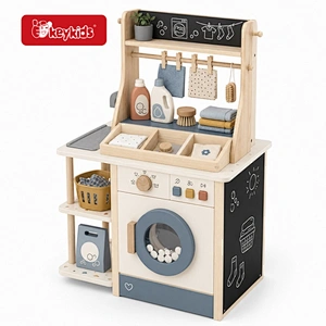 Wooden Multifunctional Laundry Station Toy Chalkboard Baskets and Washing Machine Drum Pretend Housekeeping Play Set W10L284